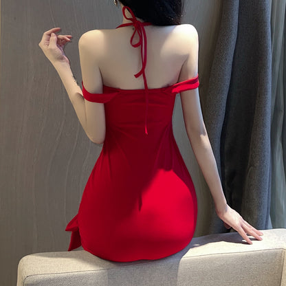 Hollow Halterneck Bow Sexy Slim Dress