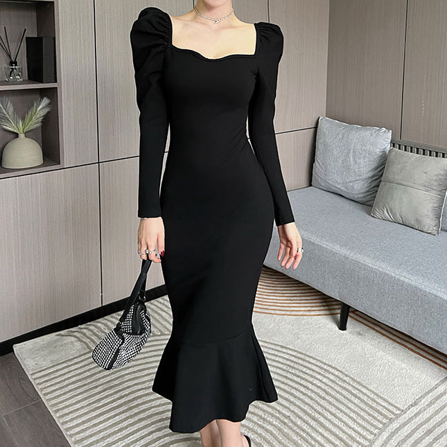 Black Vintage Square Neck Long Sleeve Dress