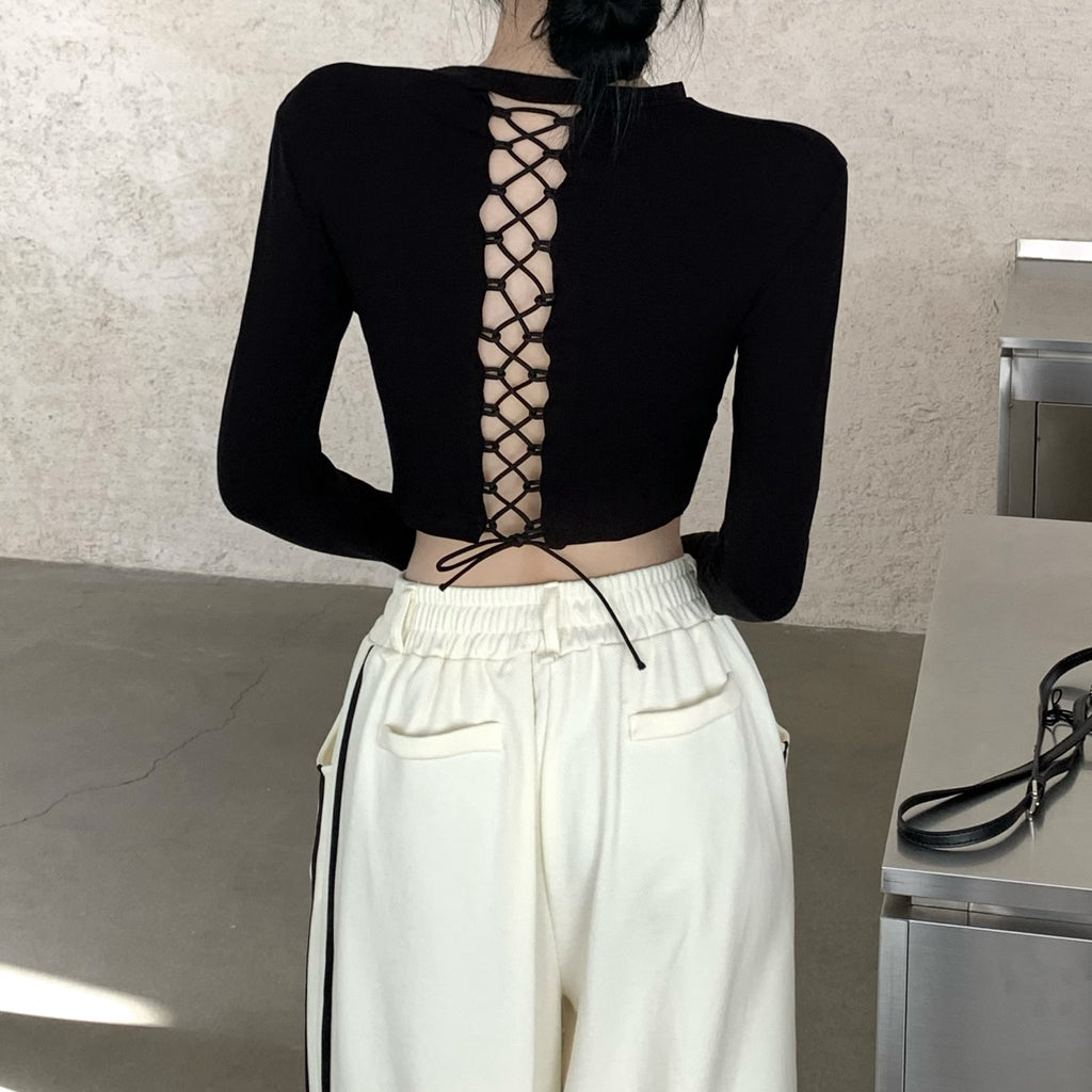 Back Lace-Up Skinny T-Shirt Striped Trousers Set