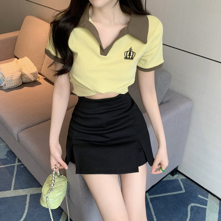 Lapel Collar T-Shirt Top Stretch Slit Skirt Pants