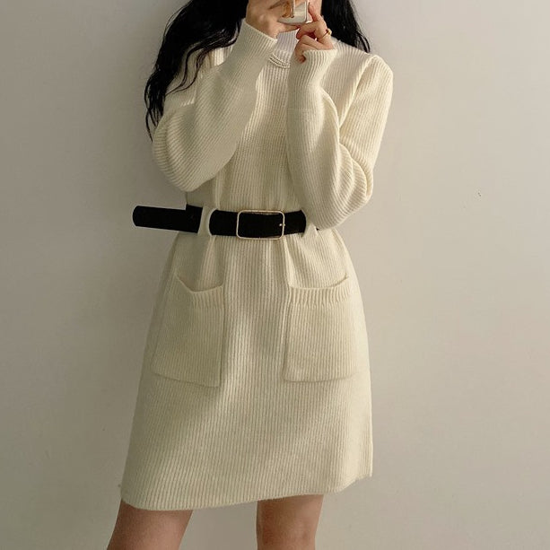 Sweater A-Line Knitted Dress With Belt