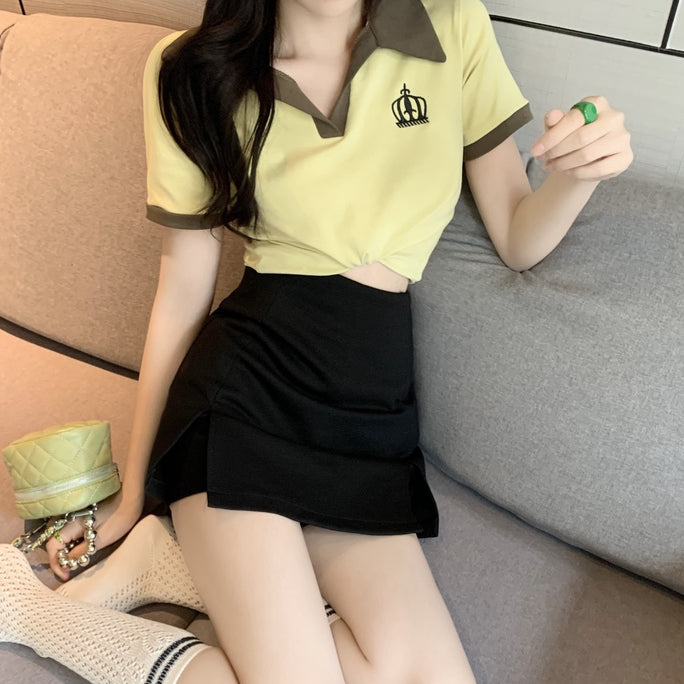 Lapel Collar T-Shirt Top Stretch Slit Skirt Pants