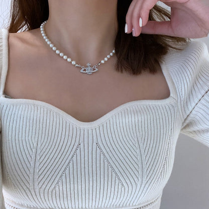 Saturn Pearl Clavicle Chain Necklace Retro