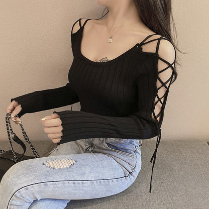 Lace-Up Off-The-Shoulder Long-Sleeve Knitted Top