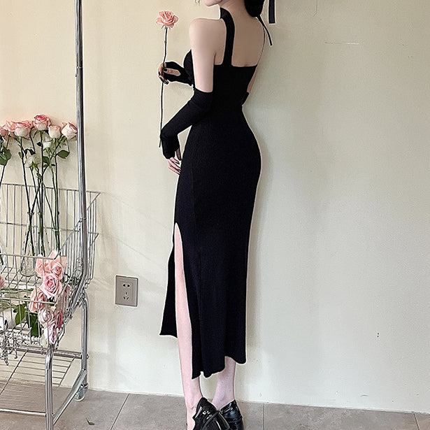 Halter Wrap Chest Slit Knitted Cocktail Homecoming Dress With Sleeves