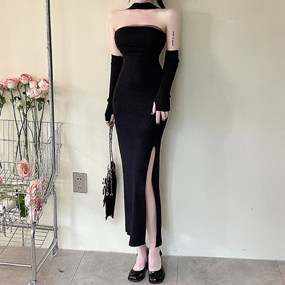 Halter Wrap Chest Slit Knitted Cocktail Homecoming Dress With Sleeves