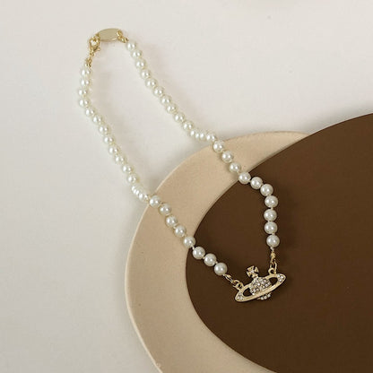 Saturn Pearl Clavicle Chain Necklace Retro