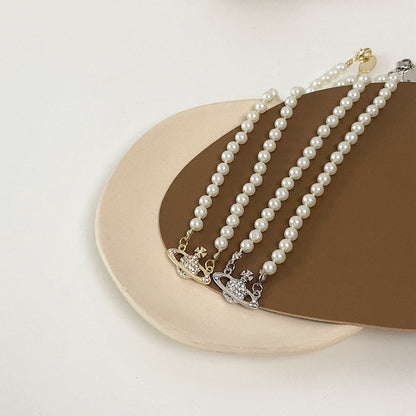 Saturn Pearl Clavicle Chain Necklace Retro