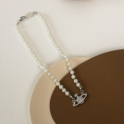 Saturn Pearl Clavicle Chain Necklace Retro