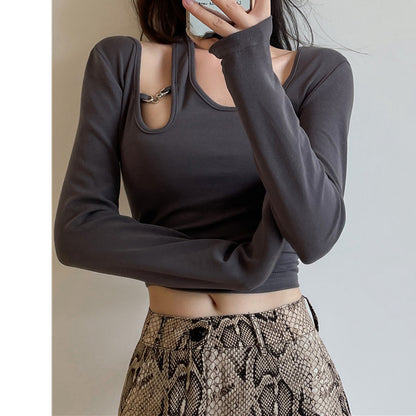 Hollow Long-Sleeve Skinny Cropped T-Shirt Top