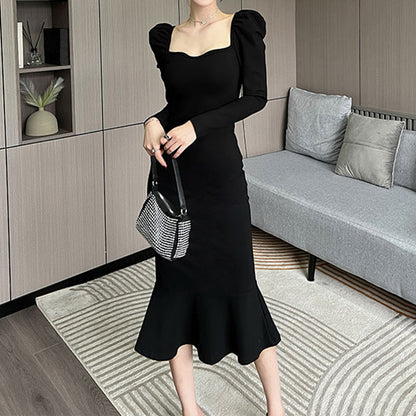 Black Vintage Square Neck Long Sleeve Dress