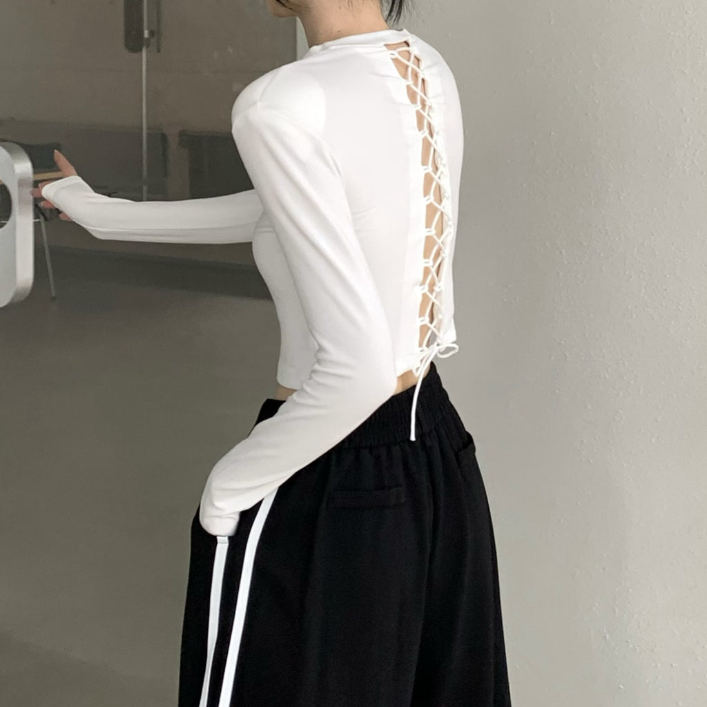 Back Lace-Up Skinny T-Shirt Striped Trousers Set