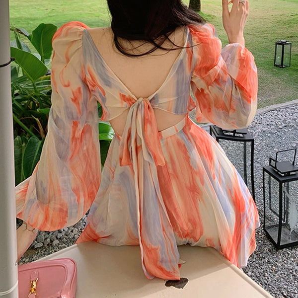 Tie-Dye Chiffon Irregular Backless Holiday Dress