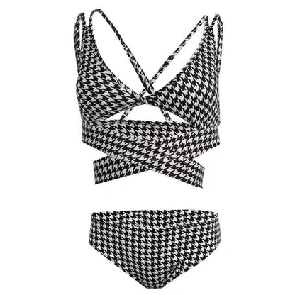 Crossed Houndstooth Sexy Bikini Swimsuit Set