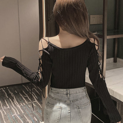 Lace-Up Off-The-Shoulder Long-Sleeve Knitted Top