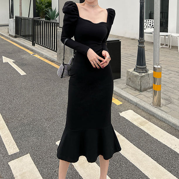 Black Vintage Square Neck Long Sleeve Dress