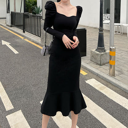 Black Vintage Square Neck Long Sleeve Dress