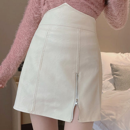 One Shoulder Cross Top Zip Leather Skirt Set