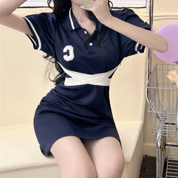 Polo Neck Short Puff Sleeve A-Line Dress