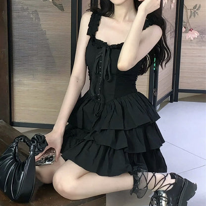 Falbala Temperament Cake Black Cami Dress