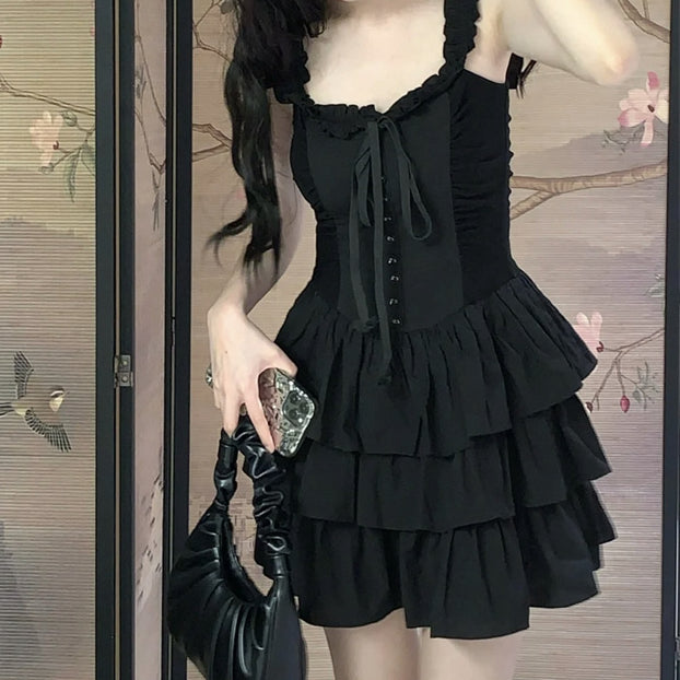 Falbala Temperament Cake Black Cami Dress