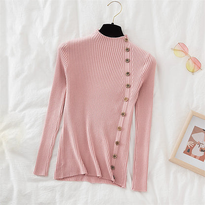 Half Turtleneck Long Sleeve Sweater Button Knit Top