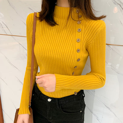 Half Turtleneck Long Sleeve Sweater Button Knit Top