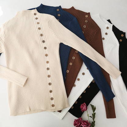 Half Turtleneck Long Sleeve Sweater Button Knit Top