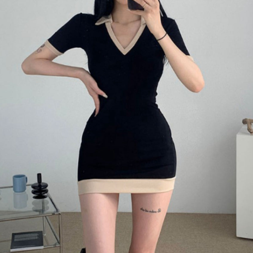 Contrasting V-Neck Bodycon Lapel Short Sleeve Dress