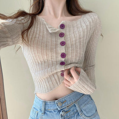 Button Sunscreen Knitted Cardigan Crop Top