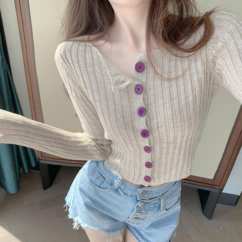 Button Sunscreen Knitted Cardigan Crop Top