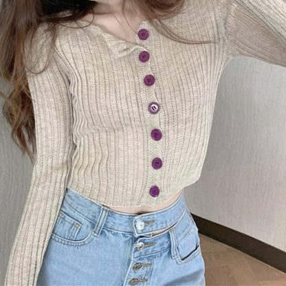 Button Sunscreen Knitted Cardigan Crop Top