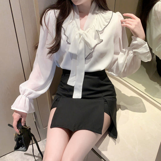 Chiffon Bowknot V-Neck Professional Shirt Slit Skirt