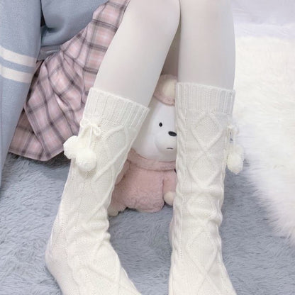 Knitted Thickened Warm Fur Ball Knee Socks