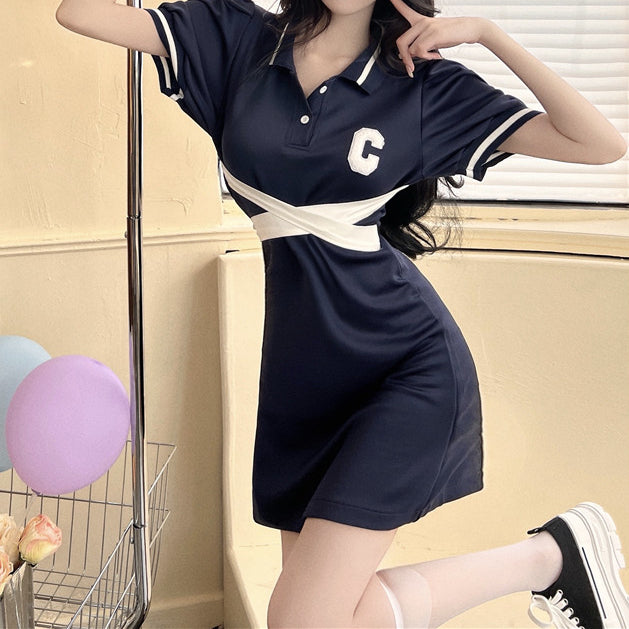 Polo Neck Short Puff Sleeve A-Line Dress