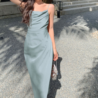 Summer French Satin Sexy Sling Slit Long Dress