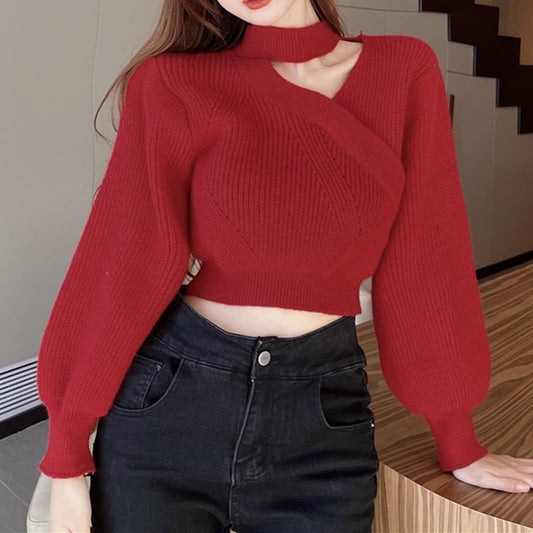 Halter V-Neck Solid Color Pullover Cross Fashion Knit Sweater