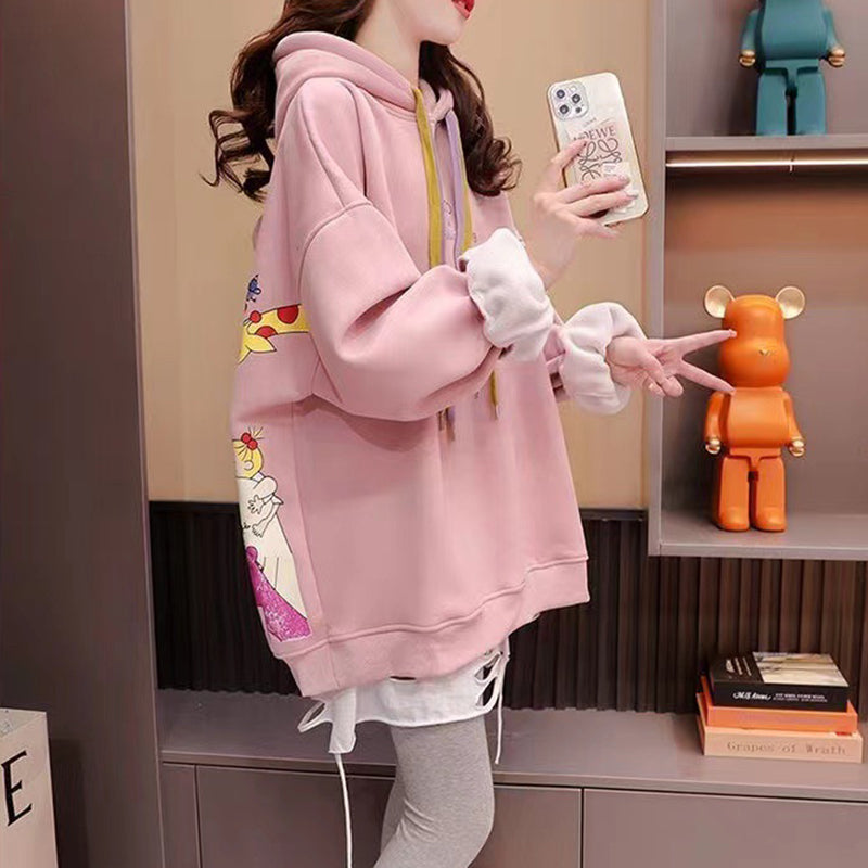 Loose Oversize Fleece Thickened Red Hooded Sweatshirt