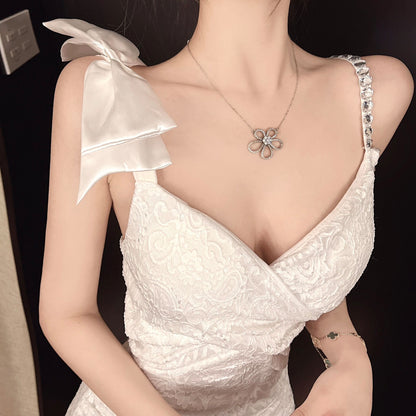 Sling Bow Knot Diamond V-Neck Lace Cocktail Dress