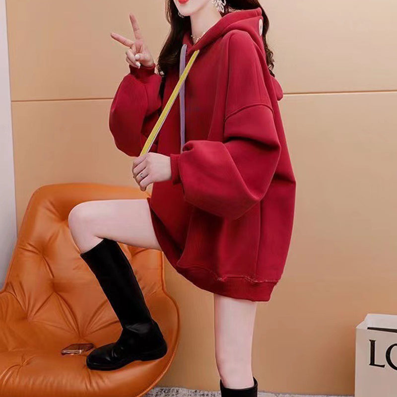 Loose Oversize Fleece Thickened Red Hooded Sweatshirt