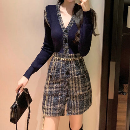 Tweed High Waist Dress With Belt