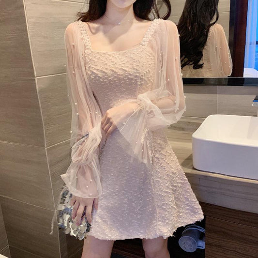 New Temperament Fashion Mesh Stitching Long Sleeve Dress