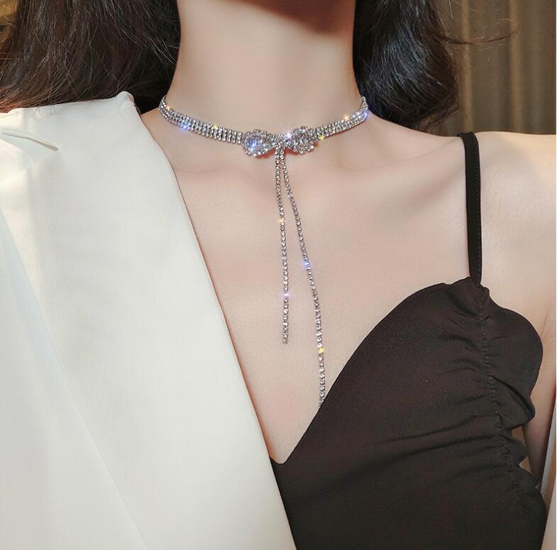 Bow Diamond Tassel Necklace Collarbone Chain