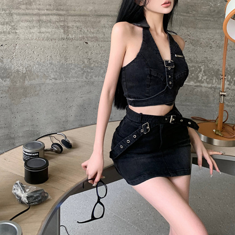 Halter Neck Denim Top High Waist Skirt Fashion Two-Piece Set