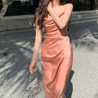 Summer French Satin Sexy Sling Slit Long Dress