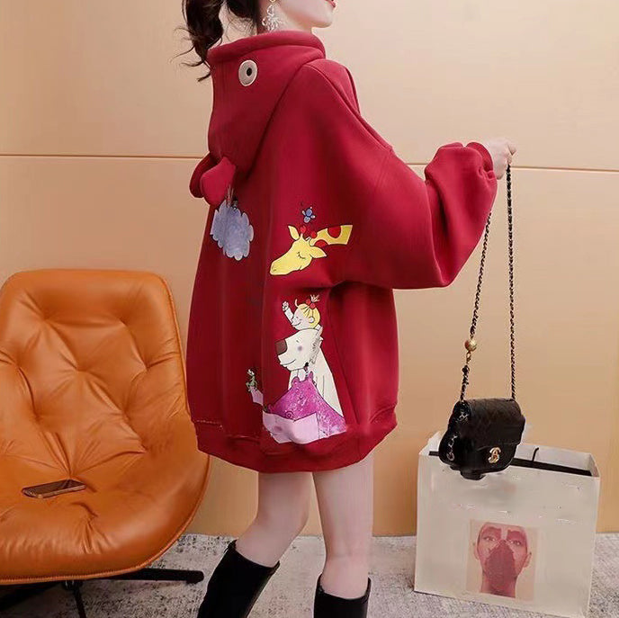 Loose Oversize Fleece Thickened Red Hooded Sweatshirt