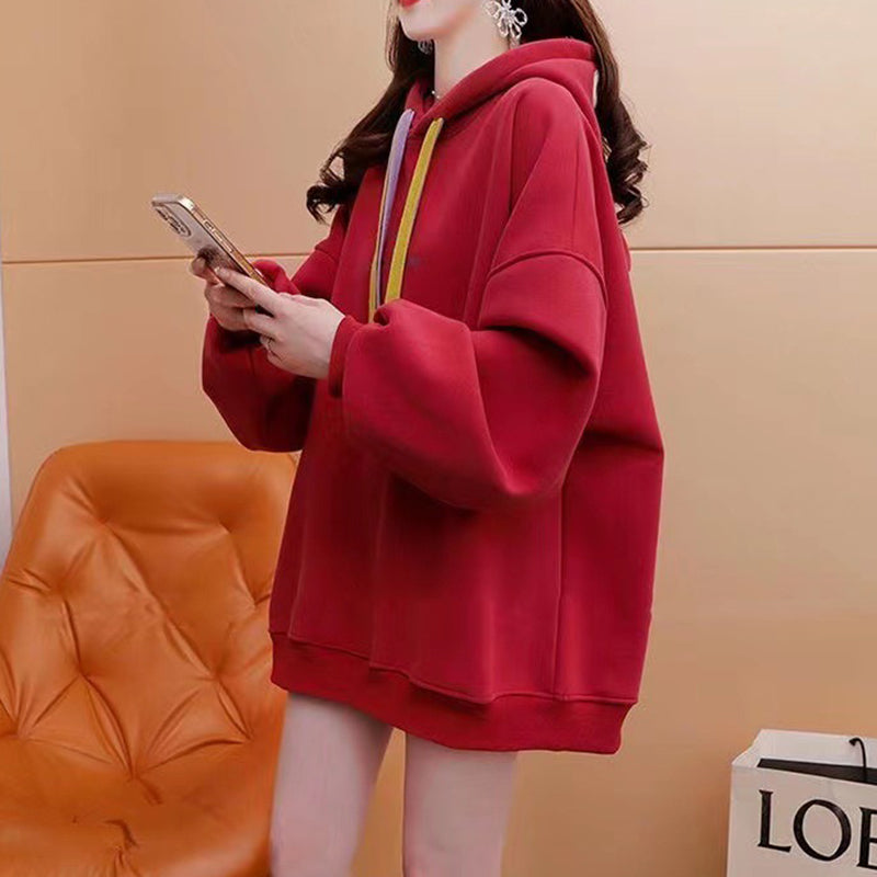 Loose Oversize Fleece Thickened Red Hooded Sweatshirt