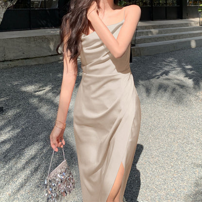 Summer French Satin Sexy Sling Slit Long Dress