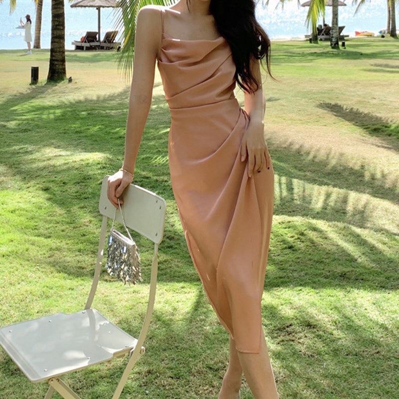 Summer French Satin Sexy Sling Slit Long Dress