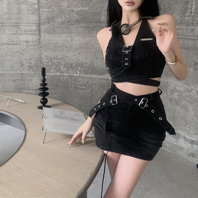 Halter Neck Denim Top High Waist Skirt Fashion Two-Piece Set